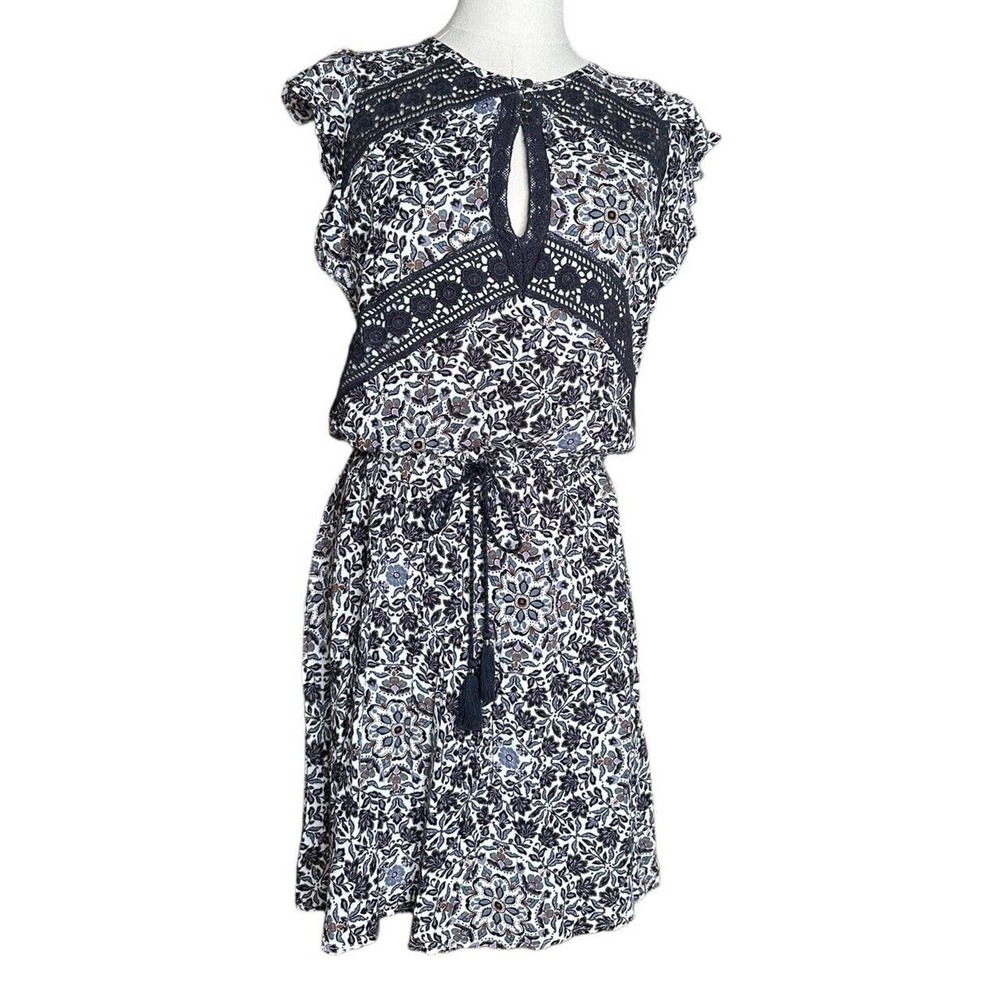 American Eagle Blue White Floral‎ Dress Beach Cover w/Lace Tassel Waist Tie Sz M